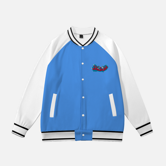 Baseball Jacket with Cartoon Logo (Baby Blue with White)