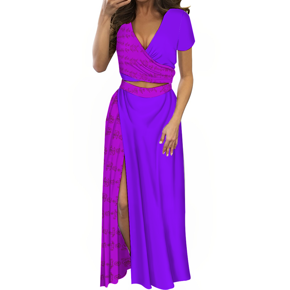 Women's Two Piece Outfit V-Neck Top and Long Skirt Set