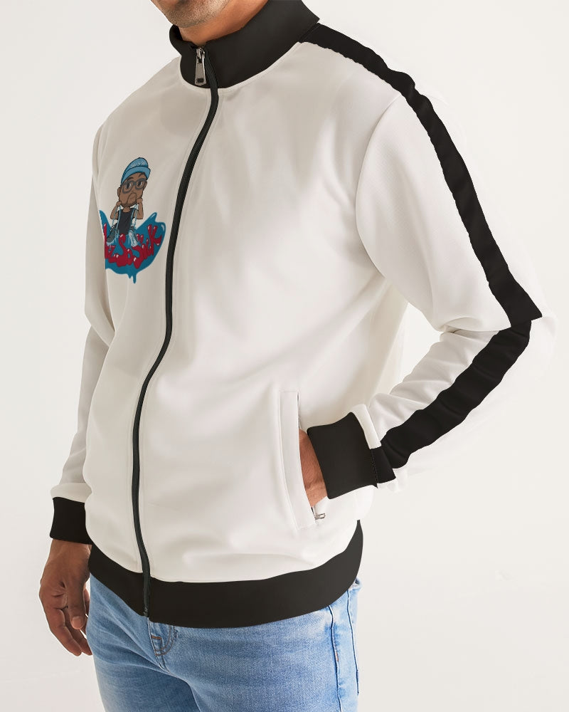 Men's Track Jacket with Cartoon Logo (White with Black Stripe-Sleeve)