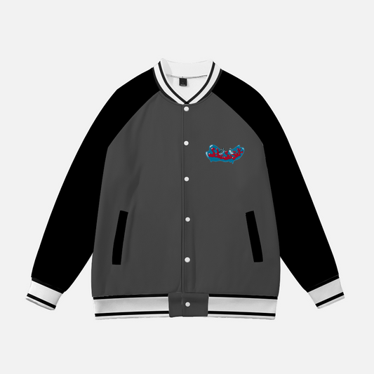 Baseball Jacket with Cartoon Logo (Dark Gray with Black Sleeves)