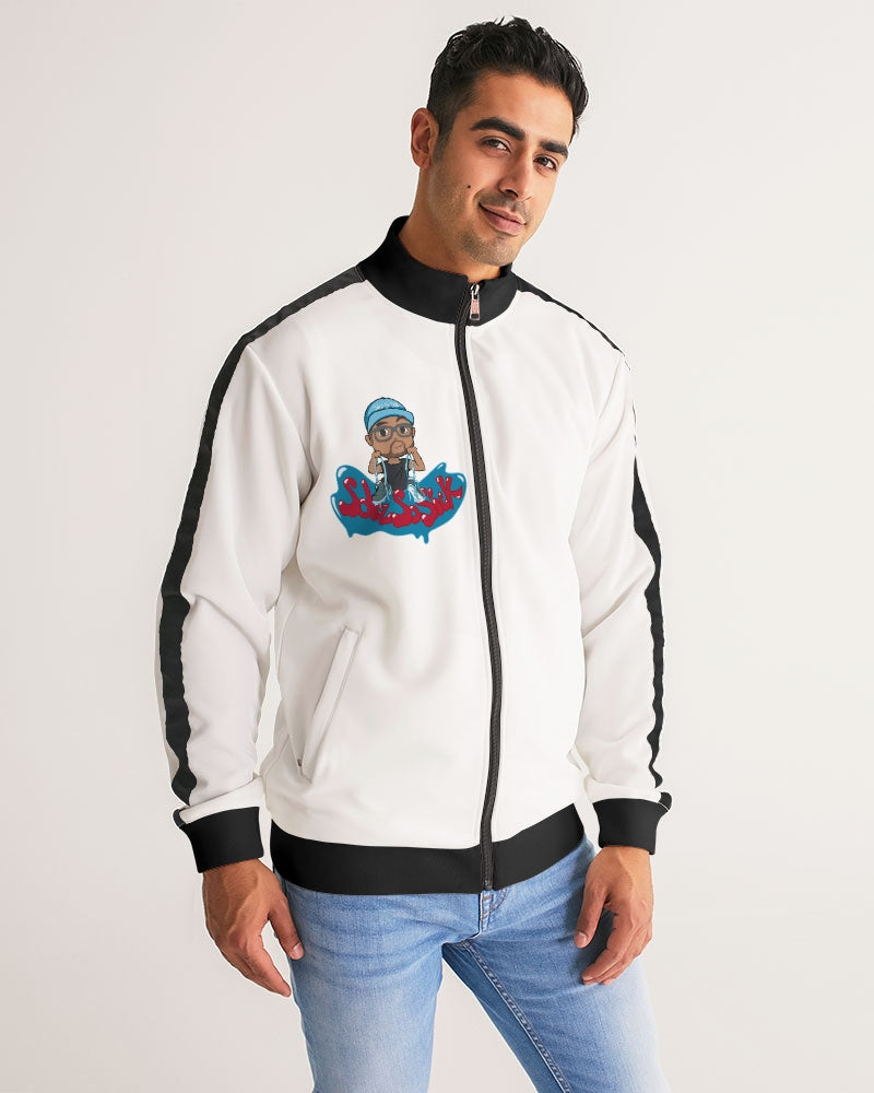 Men's Track Jacket with Cartoon Logo (White with Black Stripe-Sleeve)