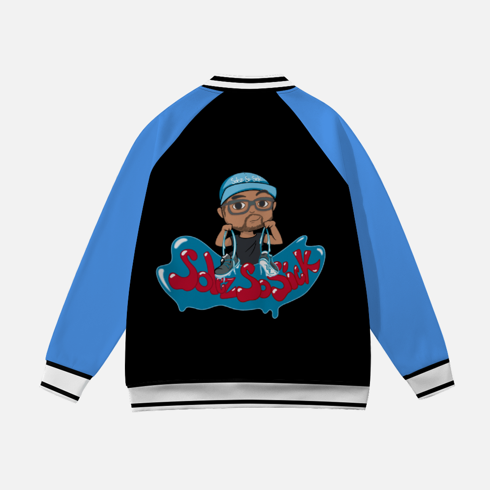 Baseball Jacket with Cartoon Logo (Black with Baby Blue Sleeves)