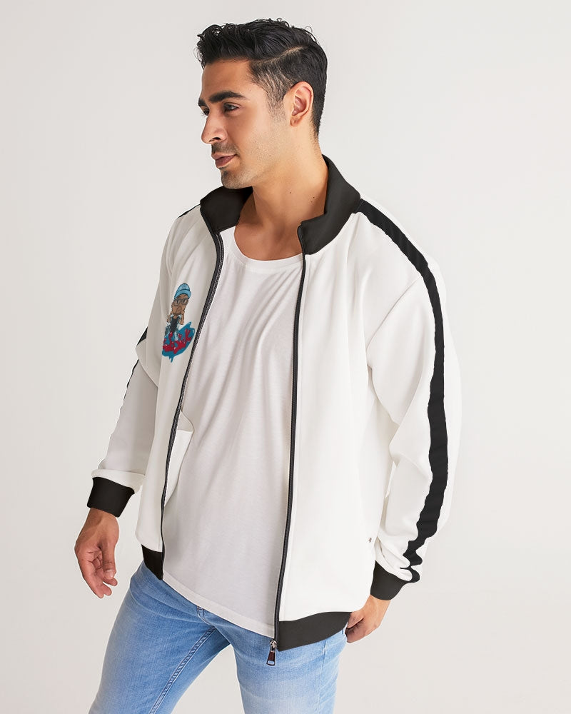 Men's Track Jacket with Cartoon Logo (White with Black Stripe-Sleeve)