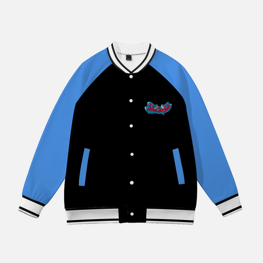 Baseball Jacket with Cartoon Logo (Black with Baby Blue Sleeves)