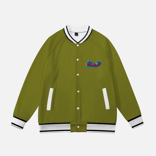 Baseball Jacket with Cartoon Logo (Olive Green)