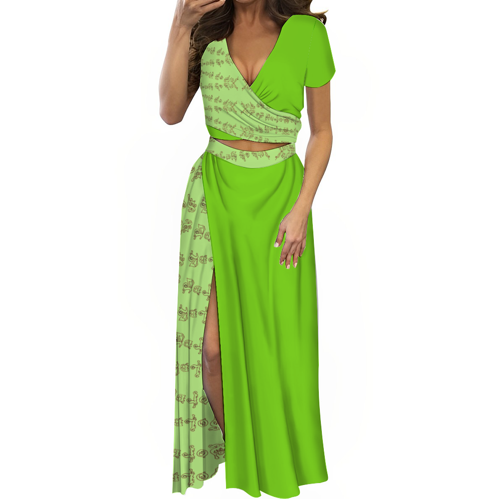 Women's Two Piece Outfit V-Neck Top and Long Skirt Set