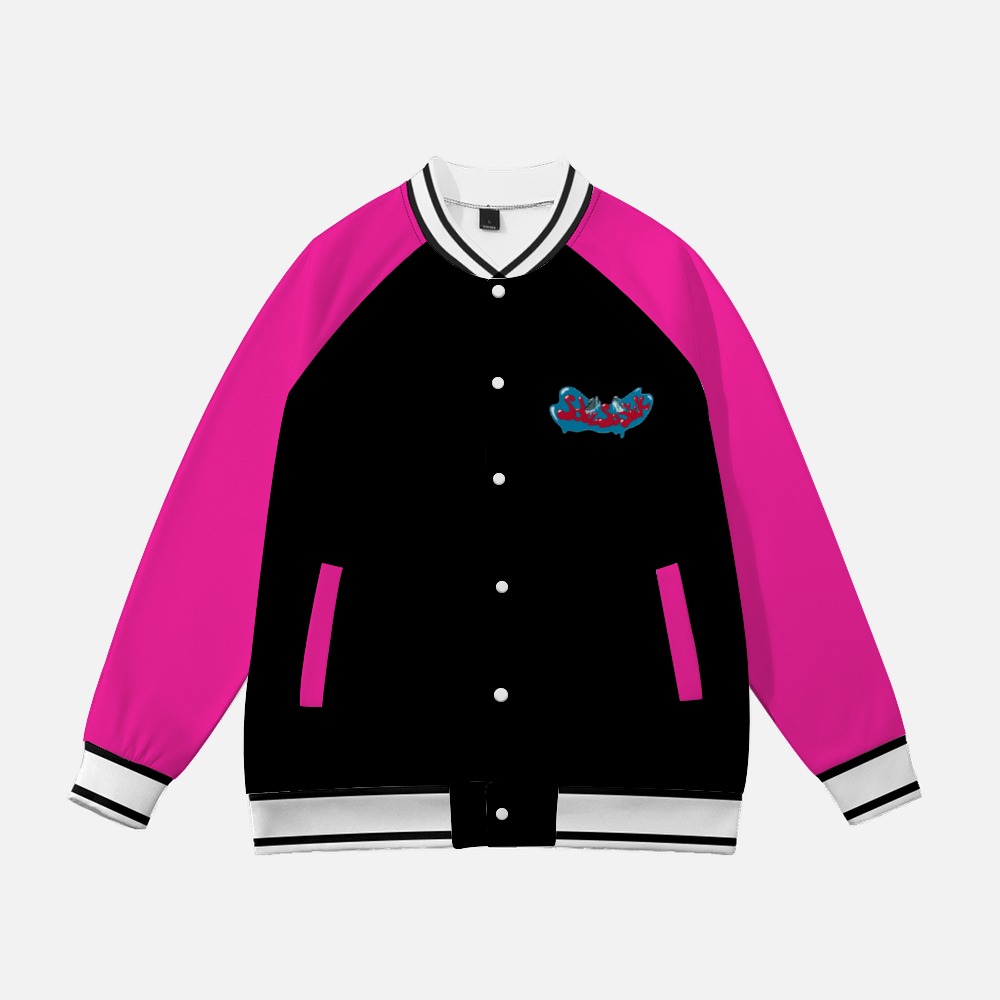 Baseball Jacket with Cartoon Logo (Black with Pink Sleeves)