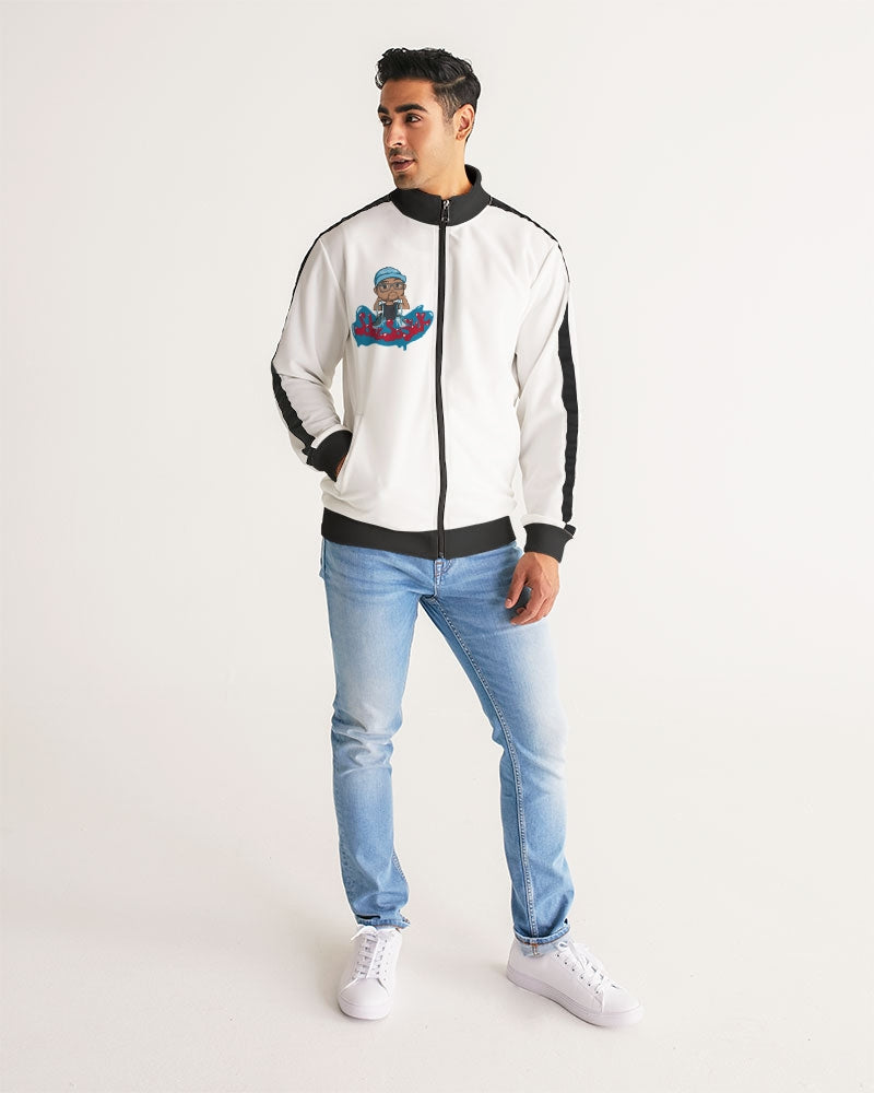 Men's Track Jacket with Cartoon Logo (White with Black Stripe-Sleeve)