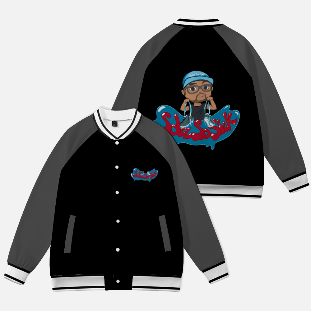 Baseball Jacket with Cartoon Logo (Black with Dark Gray Sleeves)