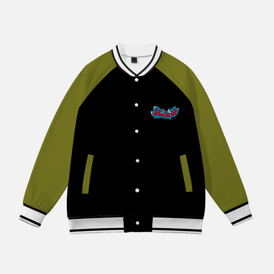 Baseball Jacket with Cartoon Logo (Black with Olive Green Sleeves)