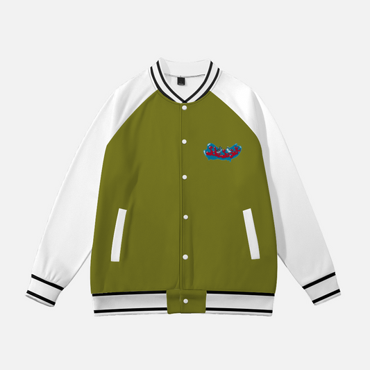 Baseball Jacket with Cartoon Logo (Olive Green with White Sleeves)