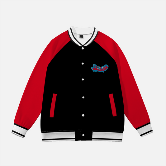 Baseball Jacket with Cartoon Logo (Black with Red Sleeves)