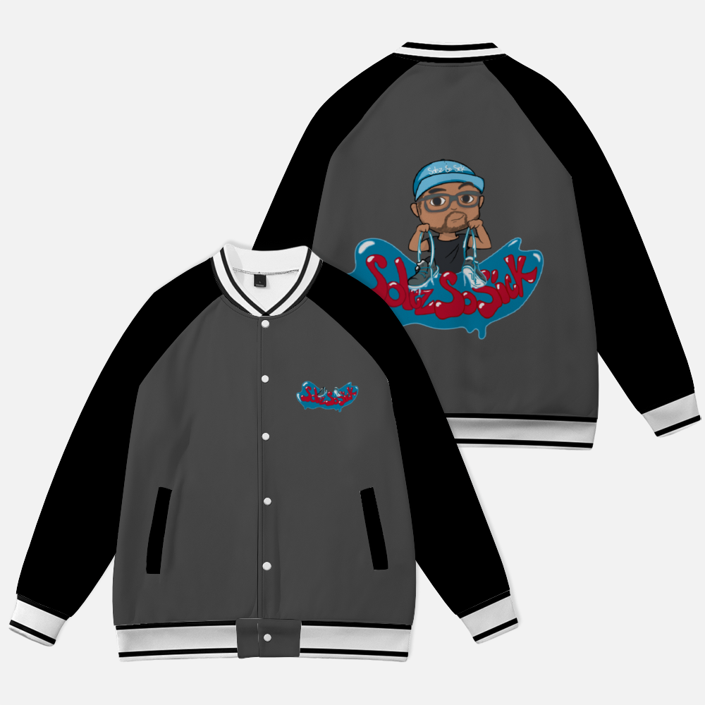 Baseball Jacket with Cartoon Logo (Dark Gray with Black Sleeves)