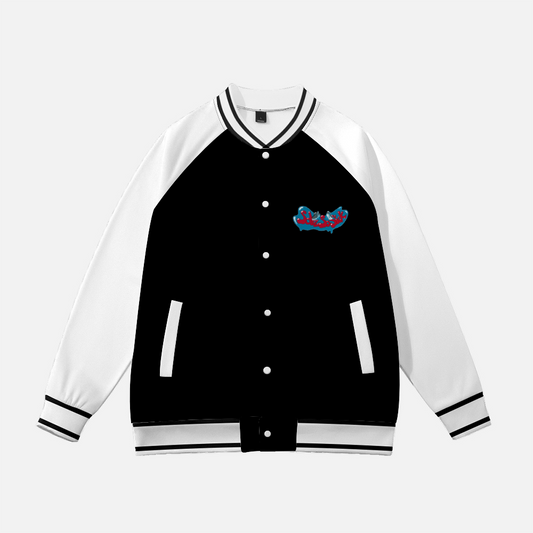 Baseball Jacket with Cartoon Logo (Black with White Sleeves)