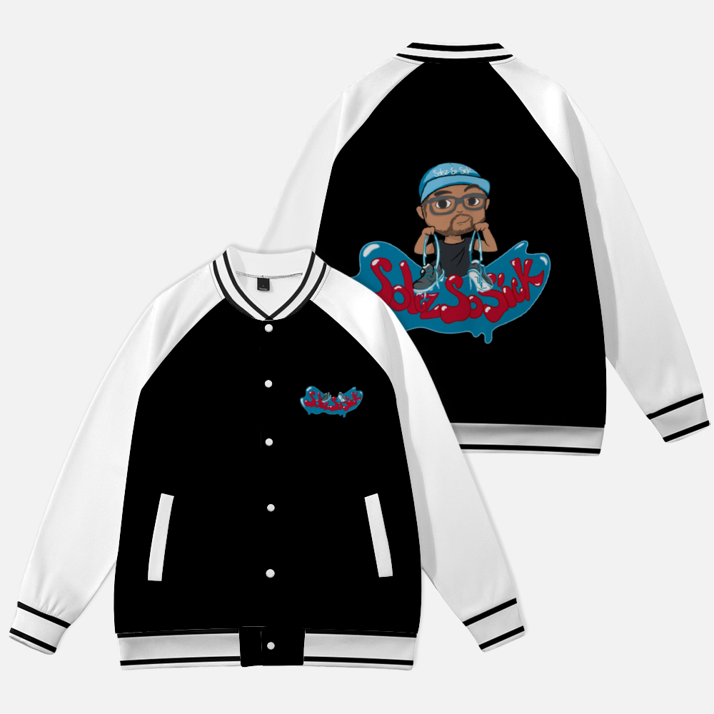 Baseball Jacket with Cartoon Logo (Black with White Sleeves)