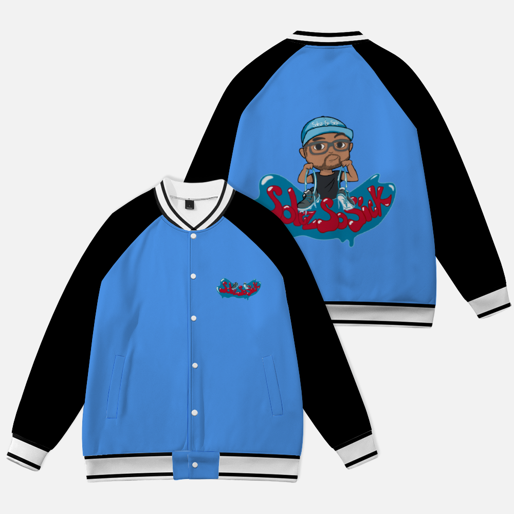 Baseball Jacket with Cartoon Logo (Baby Blue with Black Sleeves)