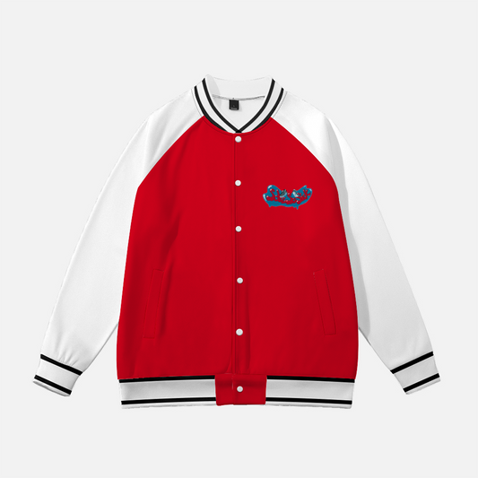 Baseball Jacket with Cartoon Logo (Red with White Sleeves)