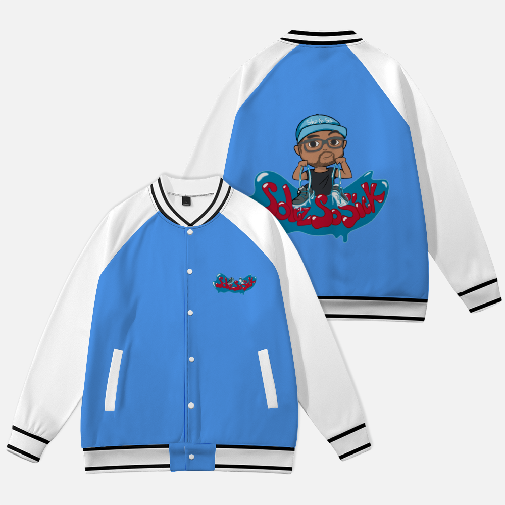 Baseball Jacket with Cartoon Logo (Baby Blue with White)