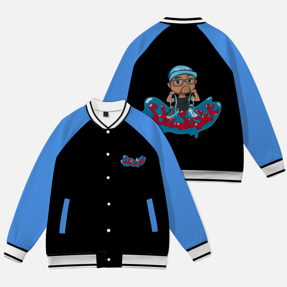 Baseball Jacket with Cartoon Logo (Black with Baby Blue Sleeves)