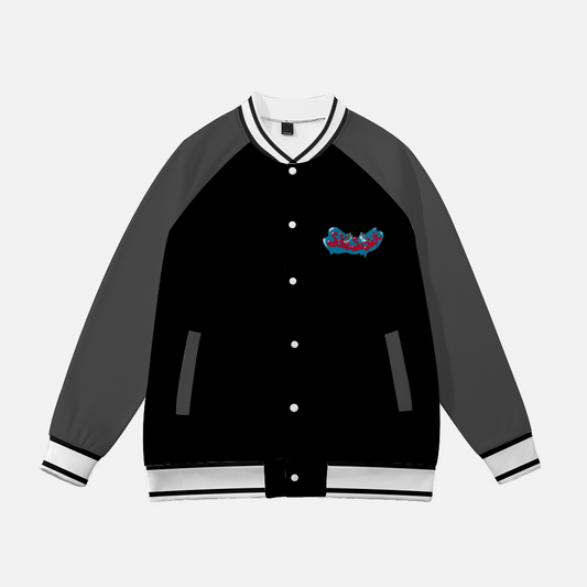 Baseball Jacket with Cartoon Logo (Black with Dark Gray Sleeves)