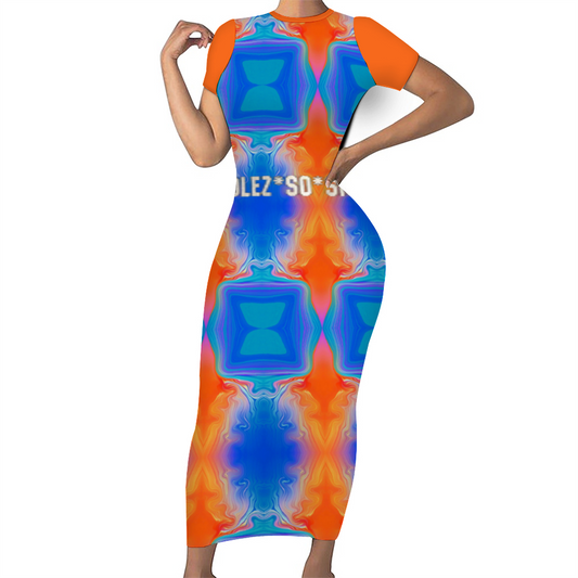 Women Blue with Orange Short Sleeve Long Pencil Dress