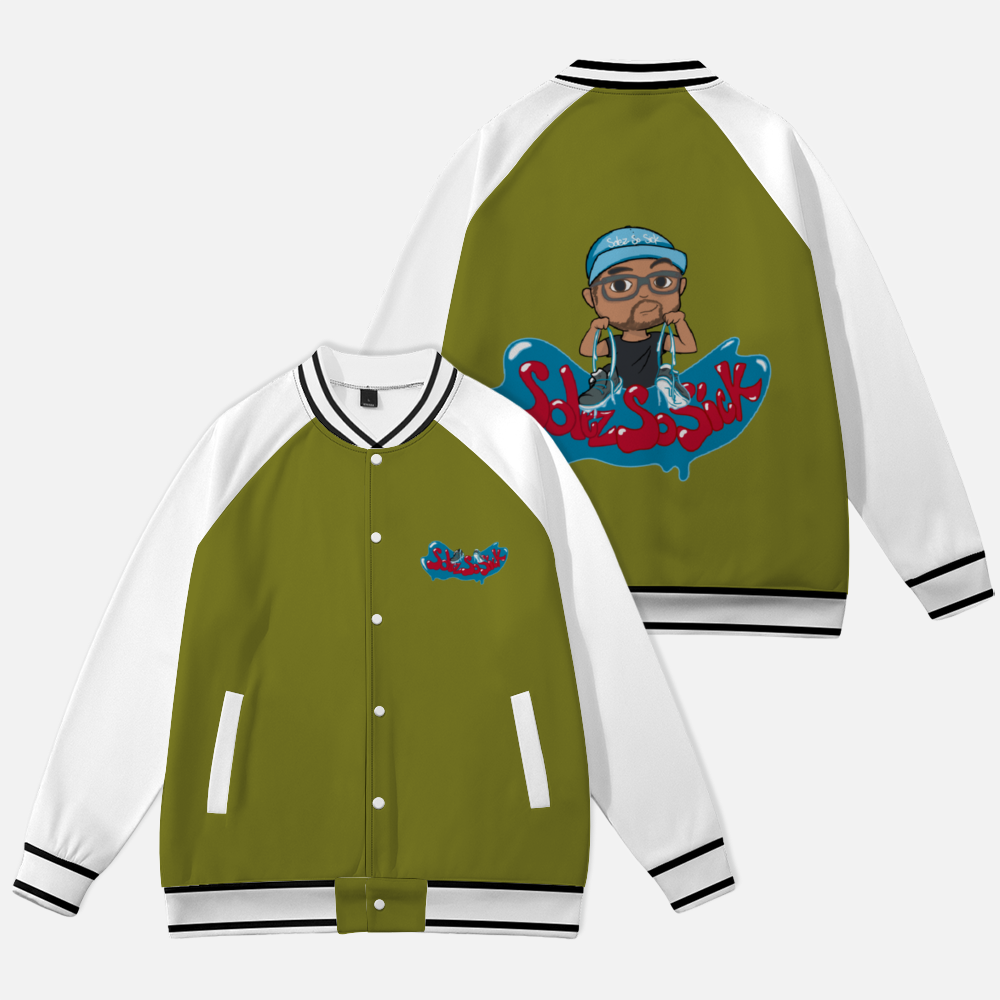 Baseball Jacket with Cartoon Logo (Olive Green with White Sleeves)