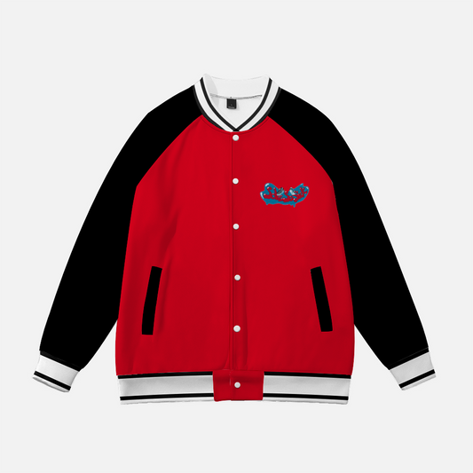 Baseball Jacket with Cartoon Logo (Red with Black Sleeves)