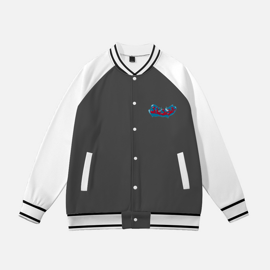 Baseball Jacket with Cartoon Logo (Dark Gray with White Sleeves)