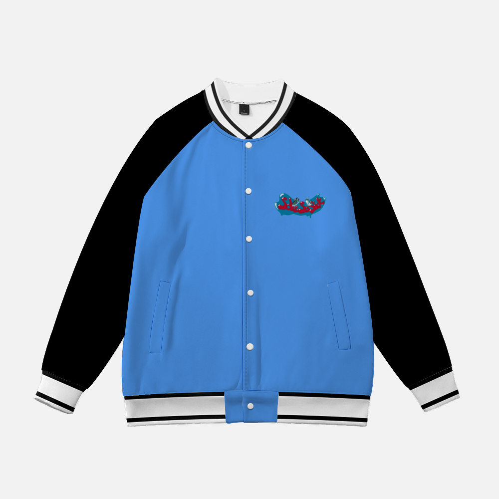 Baseball Jacket with Cartoon Logo (Baby Blue with Black Sleeves)