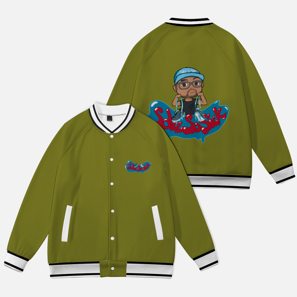 Baseball Jacket with Cartoon Logo (Olive Green)