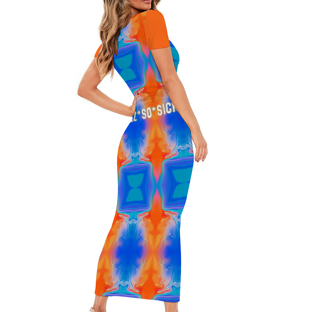 Women Blue with Orange Short Sleeve Long Pencil Dress