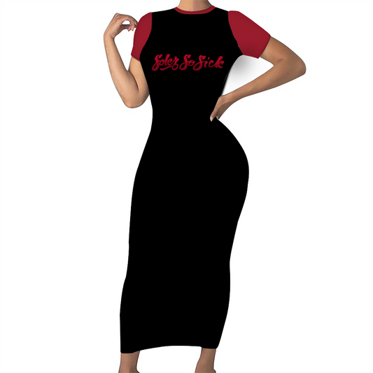 Short Sleeve Long Pencil Dress In Black w/Red