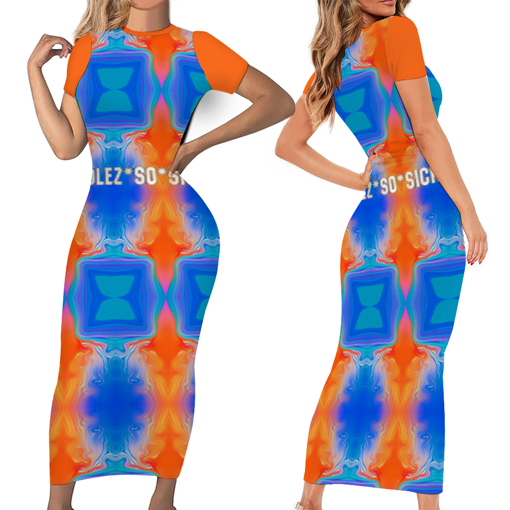 Women Blue with Orange Short Sleeve Long Pencil Dress